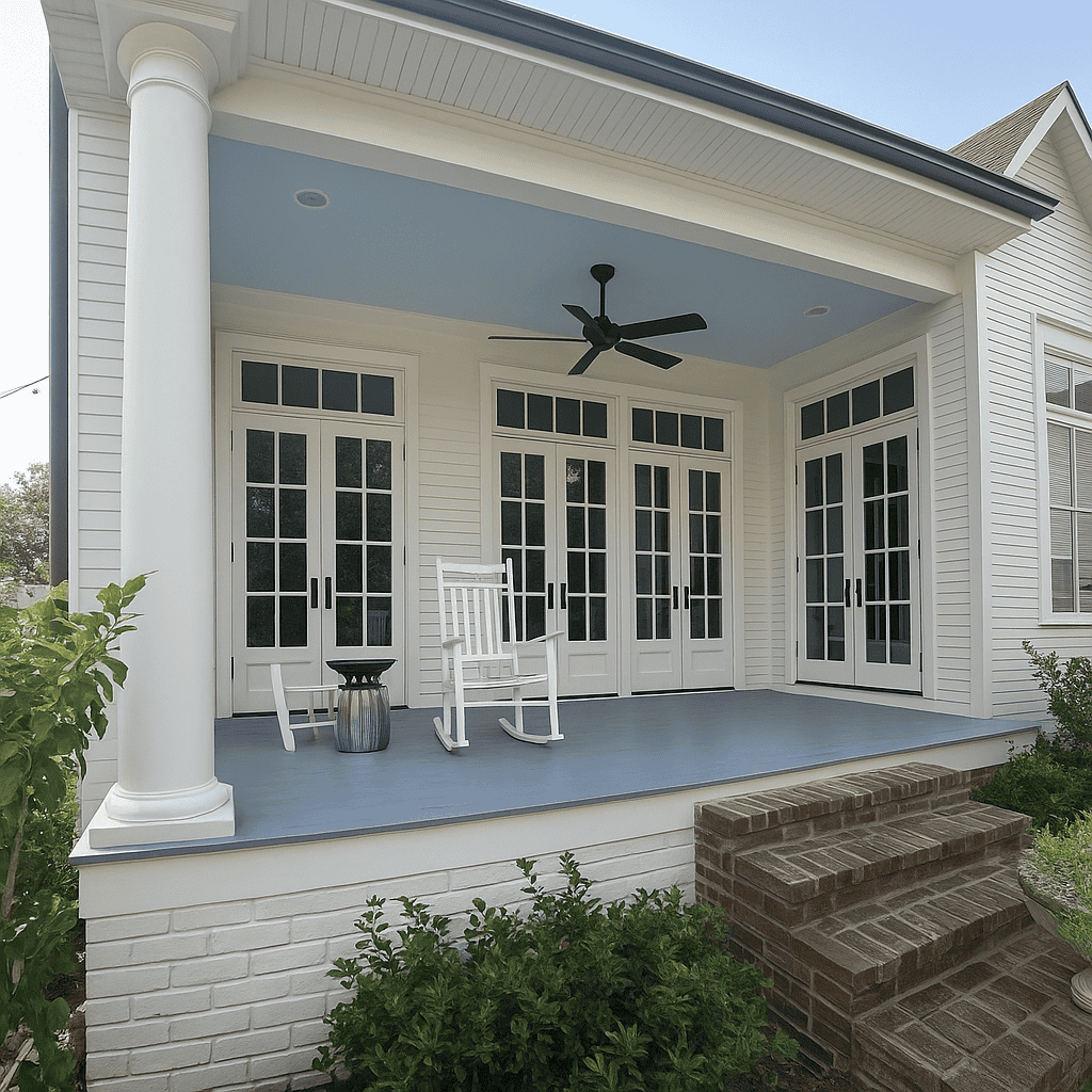 Renovated back porch in Carrollton with a painted deck, brick steps, French doors, white rocking chairs, and a ceiling fan under a covered roof.